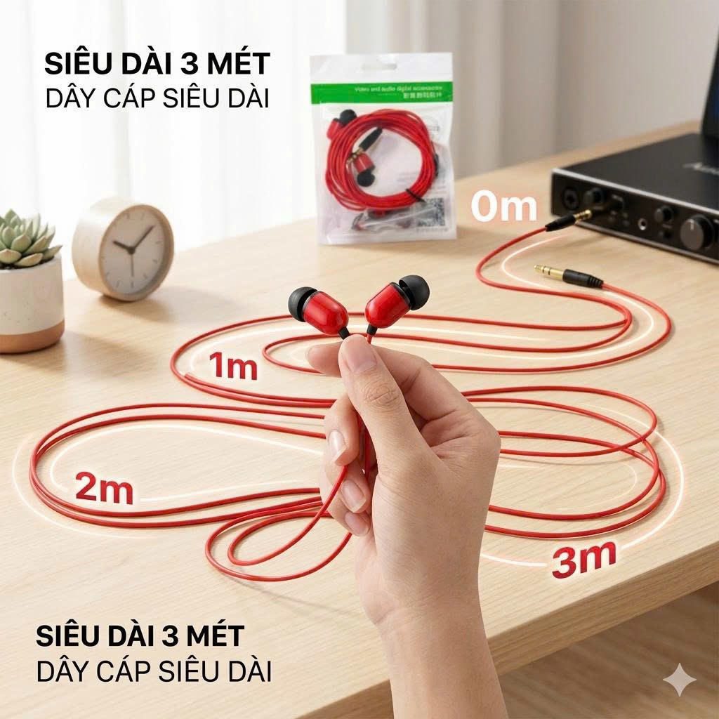 Tai Nghe 3m (1-3m) Có Dây Nhét Tai Bass Mạnh 🎧 Âm Thanh Sống Động – Jack 3.5mm Tương Thích Điện Thoại, Laptop