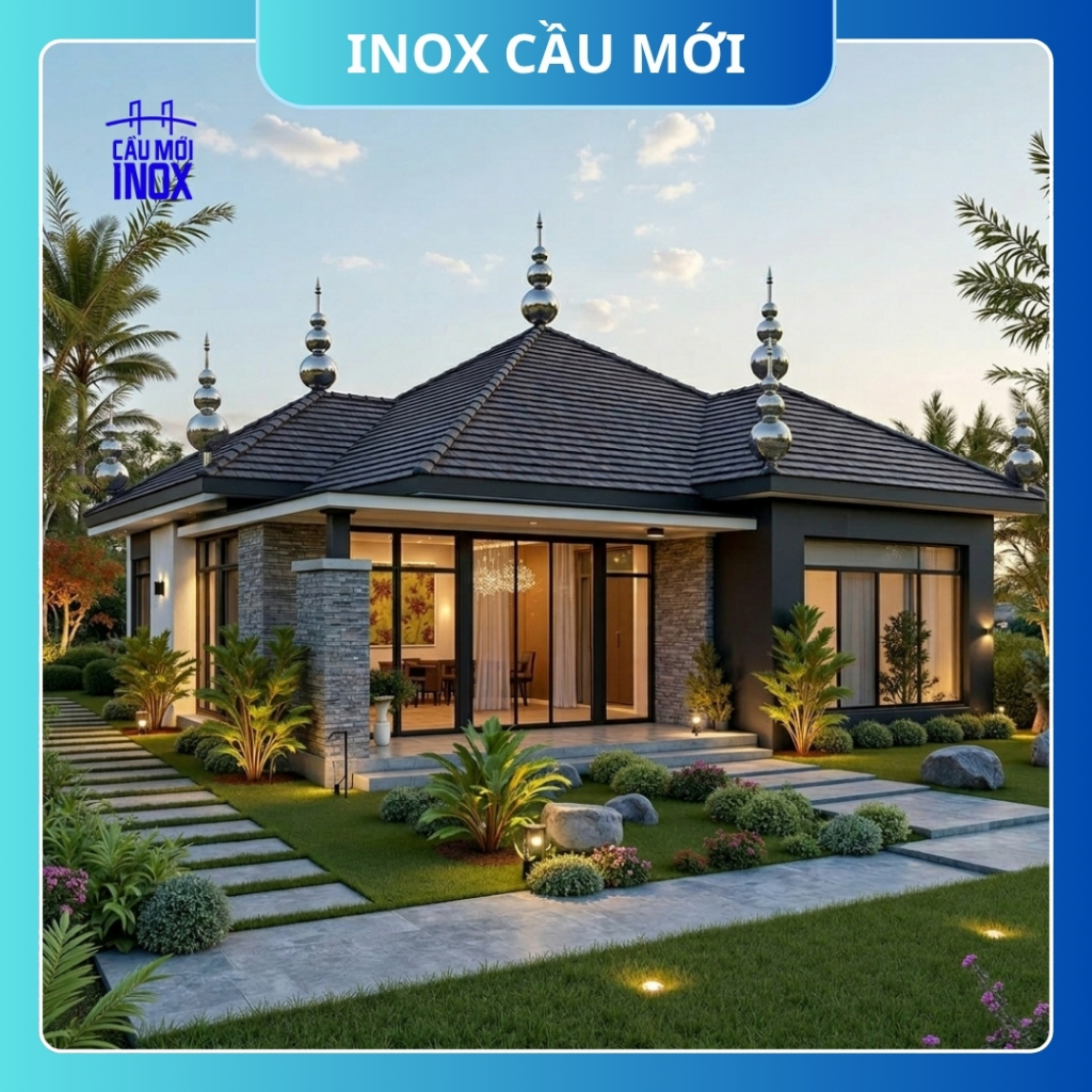 Hồ lô inox trang trí mái nhà, cụm châu trang trí nóc Thái, kích thước 76-120-150mm/ 80-150-200