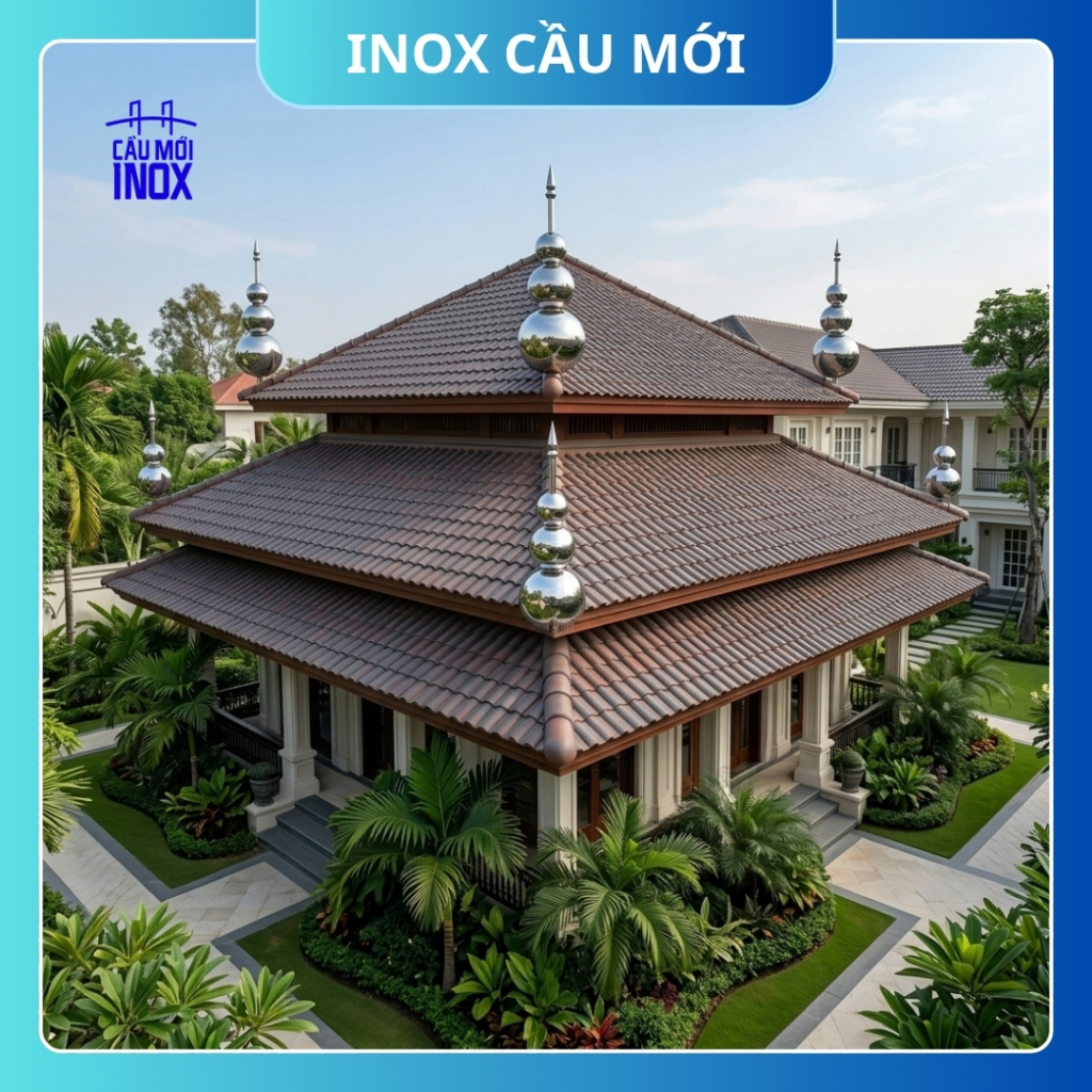 Hồ lô inox 304 kích thước lớn trang trí mái nhà, cụm châu nóc, cột thu lôi chống sét cao cấp