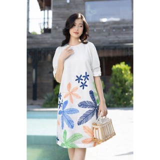 SWANLAKE | Váy Đầm Nữ Midi Suông Linen Lụa Cao Cấp Cổ Tròn Tay Bí Hoạ Tiết Hè Thoải Mái D11013