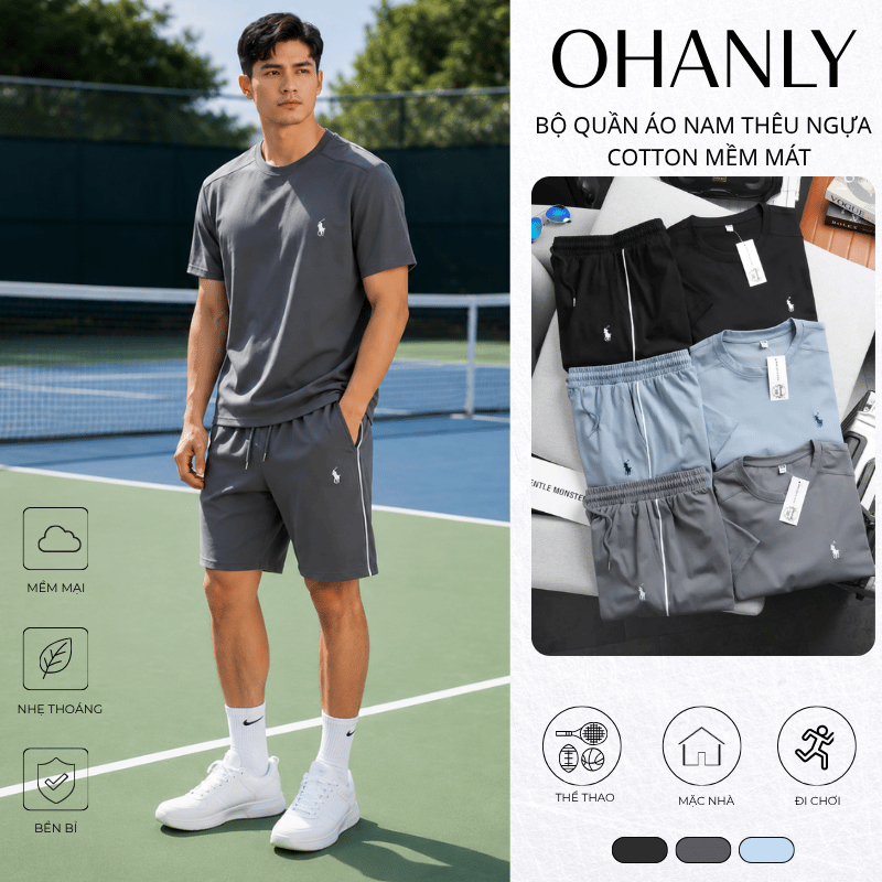 Bộ Nam Thêu Ngựa OHANLY – Set Áo Quần Nam Cotton Regular Fit Thể Thao Mặc Mát Co Giãn