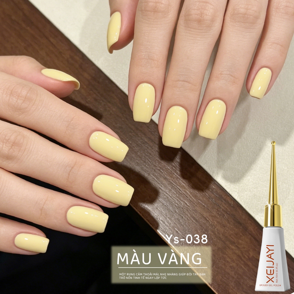 XEIJAYI 10ml - Sơn móng tay dạng gel màu vàng nhạt, độ bóng lâu trôi, thích hợp sử dụng tại salon.