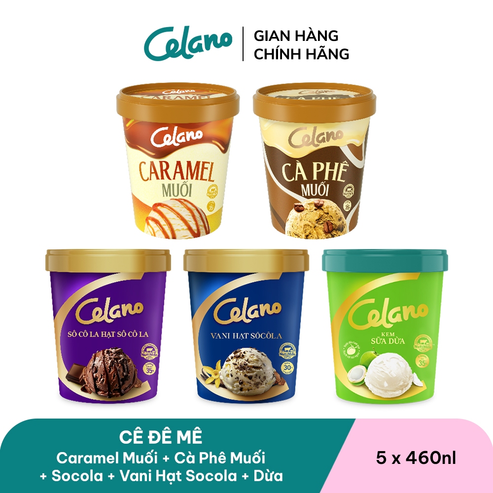 [Hỏa tốc HN/HCM] Combo kem hộp giấy CELANO CÊ ĐÊ MÊ 5 vị: Caramel muối, Cà phê muối, Socola, Vani hạt socola, Dừa