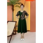 Đầm xòe trung niên cho mẹ - Cổ vuông tay bí - Xanh rêu hoa - TTV2070 — ảnh 5