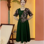 Đầm xòe trung niên cho mẹ - Cổ vuông tay bí - Xanh rêu hoa - TTV2070 — ảnh 1