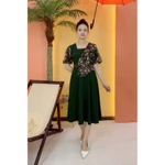 Đầm xòe trung niên cho mẹ - Cổ vuông tay bí - Xanh rêu hoa - TTV2070 — ảnh 2