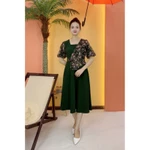 Đầm xòe trung niên cho mẹ - Cổ vuông tay bí - Xanh rêu hoa - TTV2070 — ảnh 3