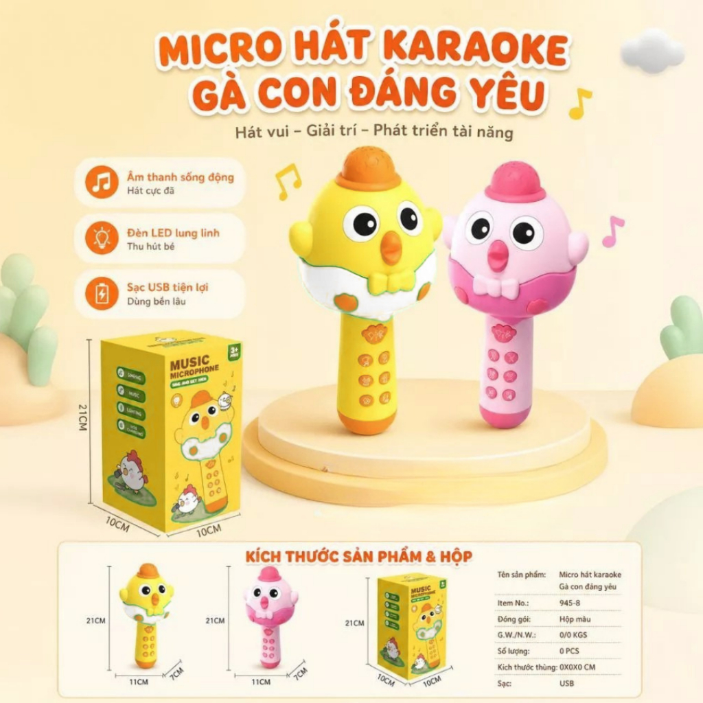 Micro Hình Gà Con Cho Bé – Micro Hát Karaoke Không Dây Có Đèn LED, Âm Thanh Vui Nhộn Cho Bé
