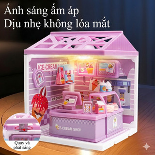 Mô hình lắp ghép DIY nhà búp bê mini có đèn LED cửa hàng thu nhỏ tiệm kem trà sữa bánh ngọt