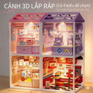 Mô hình lắp ghép DIY nhà búp bê mini có đèn LED cửa hàng thu nhỏ tiệm kem trà sữa bánh ngọt