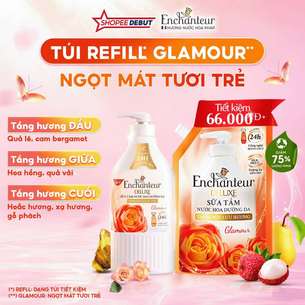 [SVIP][TIẾT KIỆM 132K] Combo 2 Túi Refill Sữa Tắm Nước Hoa Dưỡng Da Thơm Mịn Lưu Hương Enchanteur 640g x2