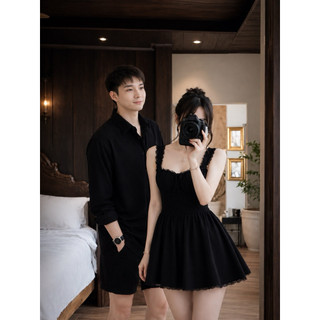 (S - 91) Set đồ đôi nam nữ couple váy xòe cổ vuông  lưng chun và áo sơmi nam tay dài chất đũi mềm mát, đồ đôi nam nữ