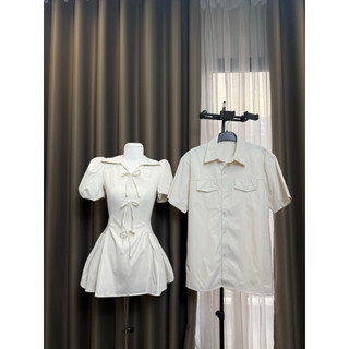 (S - 92) Set đồ đôi nam nữ couple váy nữ chiết eo phối nơ và áo sơmi nam phối túi chất chéo hàn, đồ đôi nam nữ