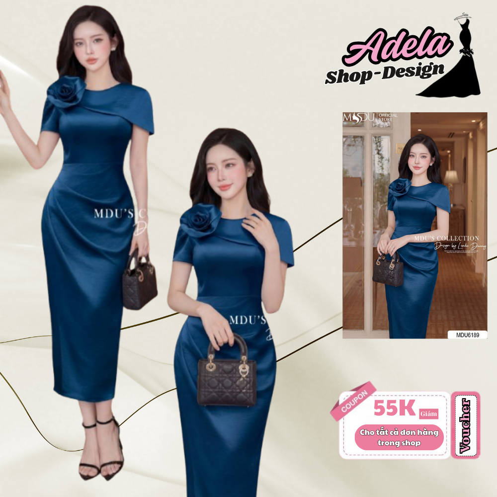 Váy Thiết Kế ADELA DESIGN Lụa Twist Satin Xanh Navy Ôm Nhẹ Xẻ Tà Thanh Lịch MDU6189