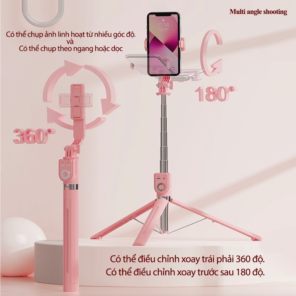 Gậy chụp ảnh bluetooth 3 chân 1m7 cao cấp có tay cầm quay video xoay 360 chống rung selfie, Gậy livestream đa năng từ xa