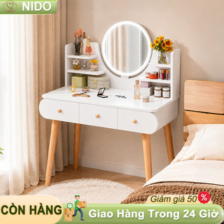Nido Bàn Trang Điểm Bàn Làm Việc 2 Trong 1 MDF 12mm, Gương Tròn Tùy Chọn LED, Kệ Mỹ Phẩm Hiện Đại