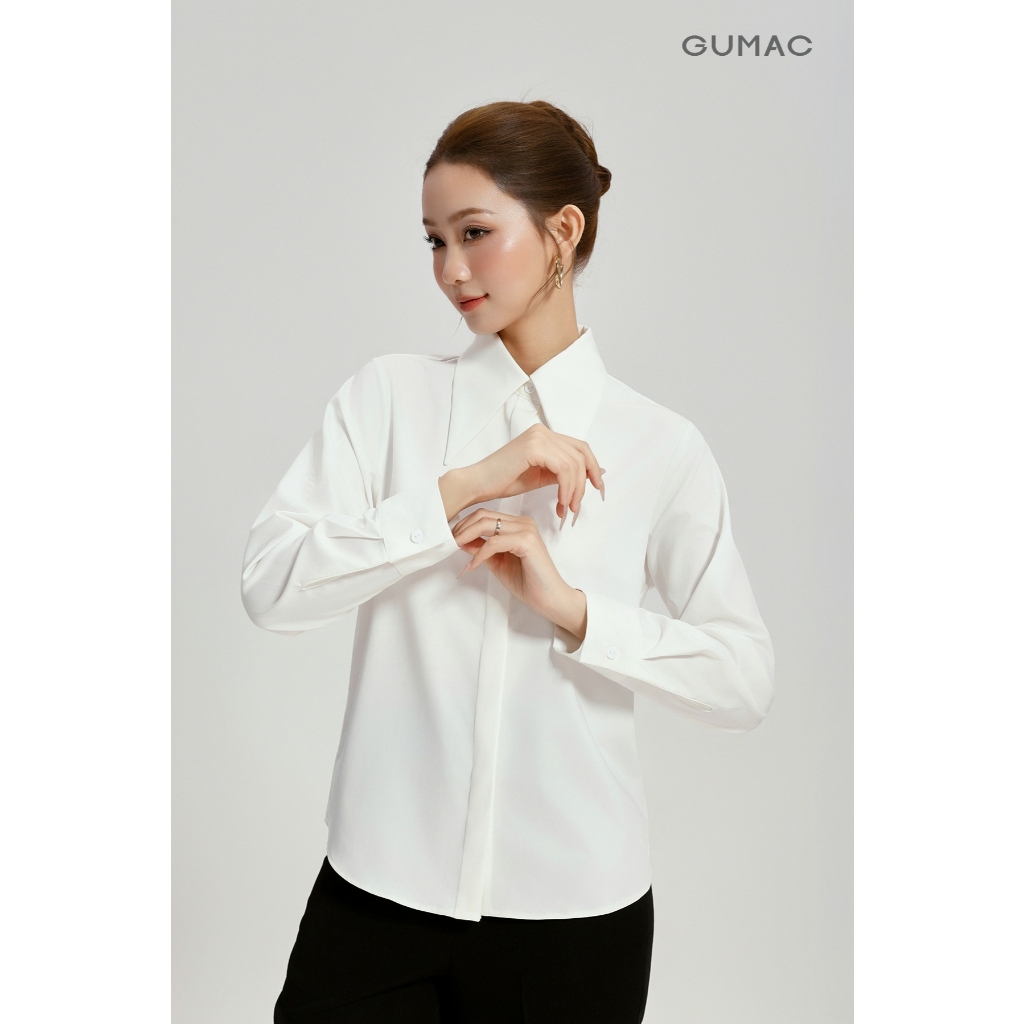 Áo Sơ Mi Nữ Tay Dài GUMAC Form Regular Nẹp Đôi Lá Cổ Dài Kate Sợi Tre Thanh Lịch AG05064
