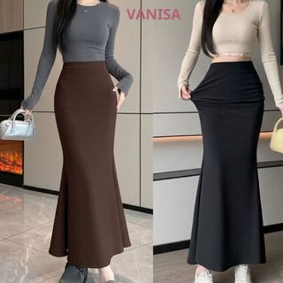 Chân váy nữ dài đuôi cá chất thun gân co giãn nâu đen hàn quốc VANISA CV065