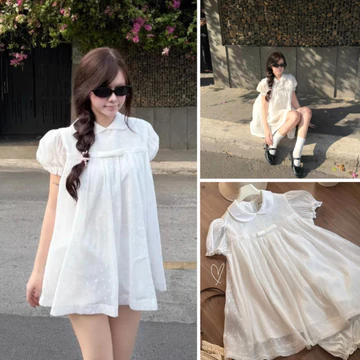 ĐẦM THIẾT KẾ NỮ - ĐẦM BABYDOLL TRẮNG TIỂU THƯ CỔ SEN NƠ NGỰC HOẠ TIẾT NƠ XINH “HÀ THẢO”