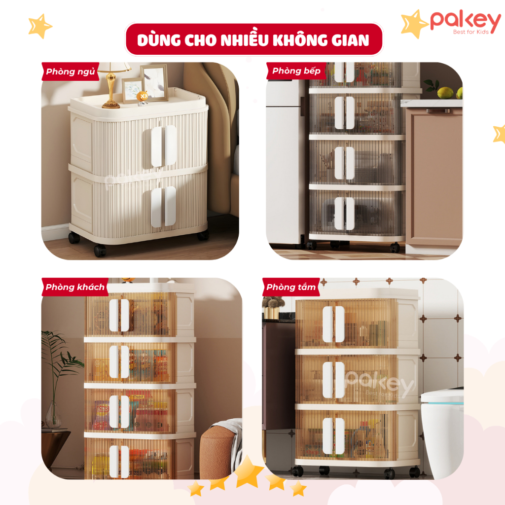 Tủ Nhựa Gấp Gọn 3/4/5/6 TẦNG 2 Cánh Kính Trong, Tủ Nhiều Ngăn Có Bánh Xe 360 Thông Minh, Đựng Đồ Tiện Lơi HC22