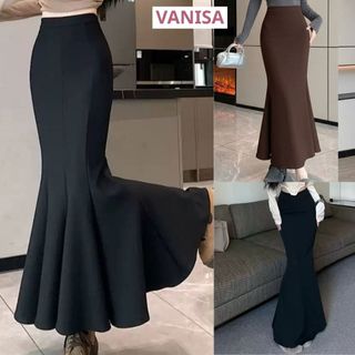Chân váy nữ dài đuôi cá chất thun gân co giãn nâu đen hàn quốc VANISA CV065