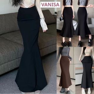 Chân váy lưng cao dáng dài đuôi cá xoè co giãn xinh đen nâu hàn quốc VANISA CV065