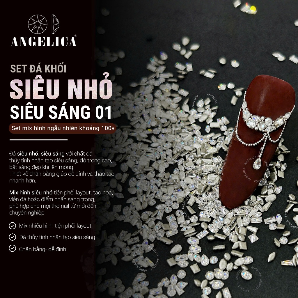 Set Đá Khối Chân Bằng Super Mini ( 100 viên ) ANGELICA Siêu Nhỏ Chân Vàng Trang Trí Móng