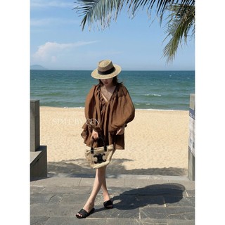 Váy babydoll voan tơ phối ren hoa nổi quanh cổ tay áo bồng bềnh dáng rộng