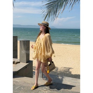Váy babydoll voan tơ phối ren hoa nổi quanh cổ tay áo bồng bềnh dáng rộng