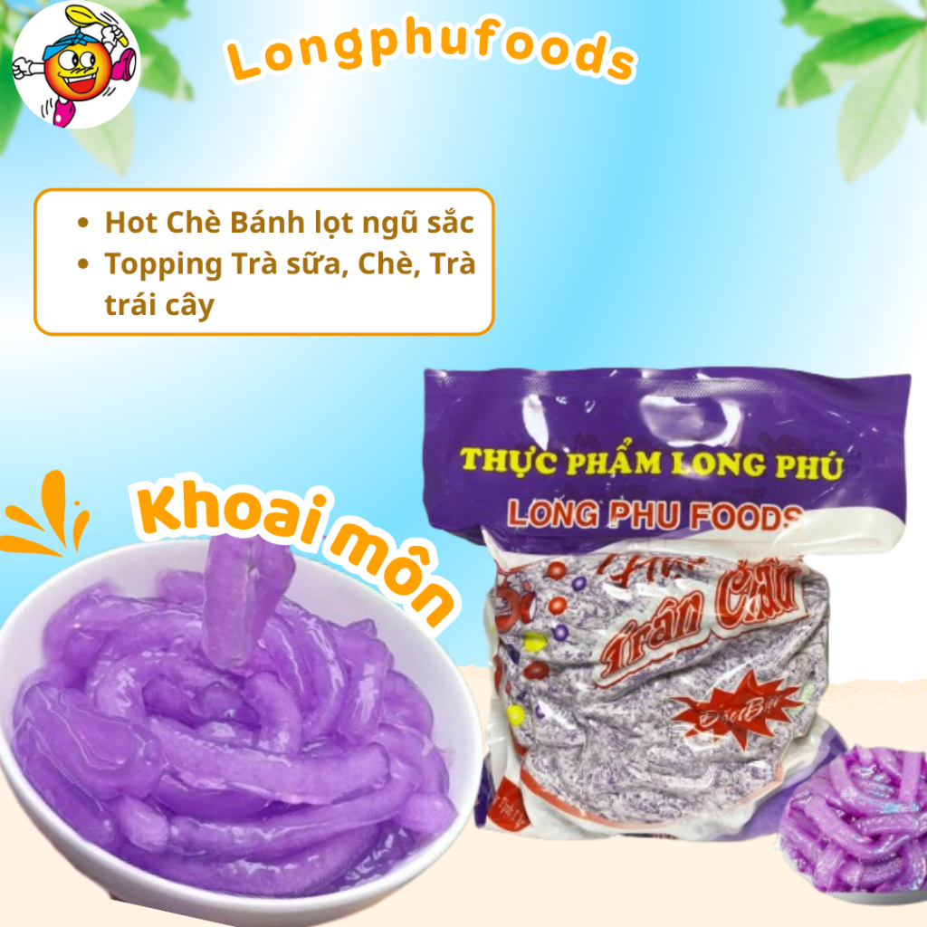 Trân Châu Sợi Vị Khoai Môn LONG PHÚ Gói 1kg - Topping Trà Sữa Dai Mềm, Nguyên Liệu Chè
