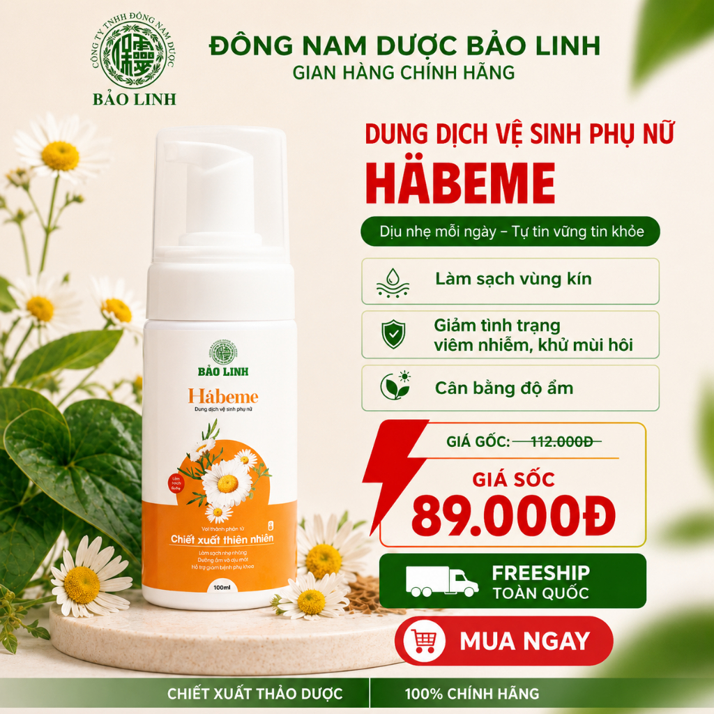 Dung dịch vệ sinh phụ nữ Bảo Linh Habeme 100ml - Dạng tạo bọt, chiết xuất từ thiên nhiên pH 4-5, Giúp bạn luôn tự tin