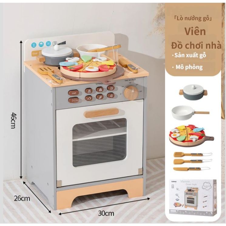 Đồ chơi bếp gỗ tự nhiên bộ đầy đủ tủ lạnh lò nướng có đèn sáng, kích thước 79x30x90cm, an toàn cho bé