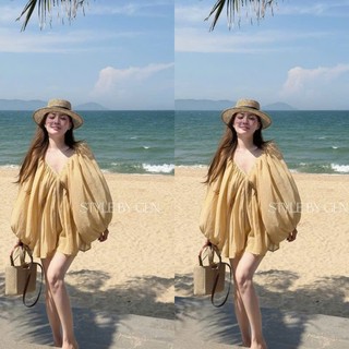 DAY CLOTHING-Váy voan tơ mỏng nhẹ phối ren viền cổ tay dài phồng rộng bo chun cổ tay