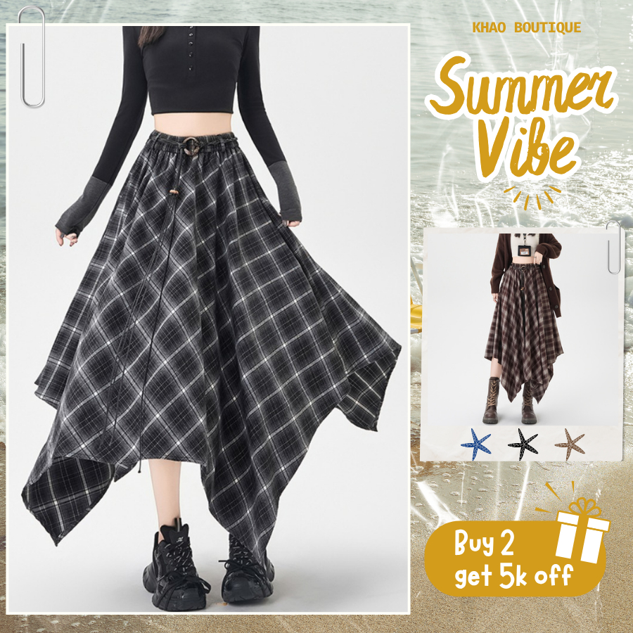 [KH26] Chân váy kẻ sọc Harajuku bất đối xứng, chân váy chữ A cạp cao họa tiết kẻ sọc | KHAO BOUTIQUE
