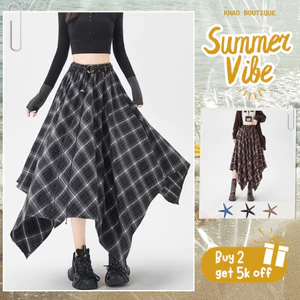Chân váy kẻ sọc Harajuku bất đối xứng, chân váy chữ A cạp cao họa tiết kẻ sọc | KHAO BOUTIQUE