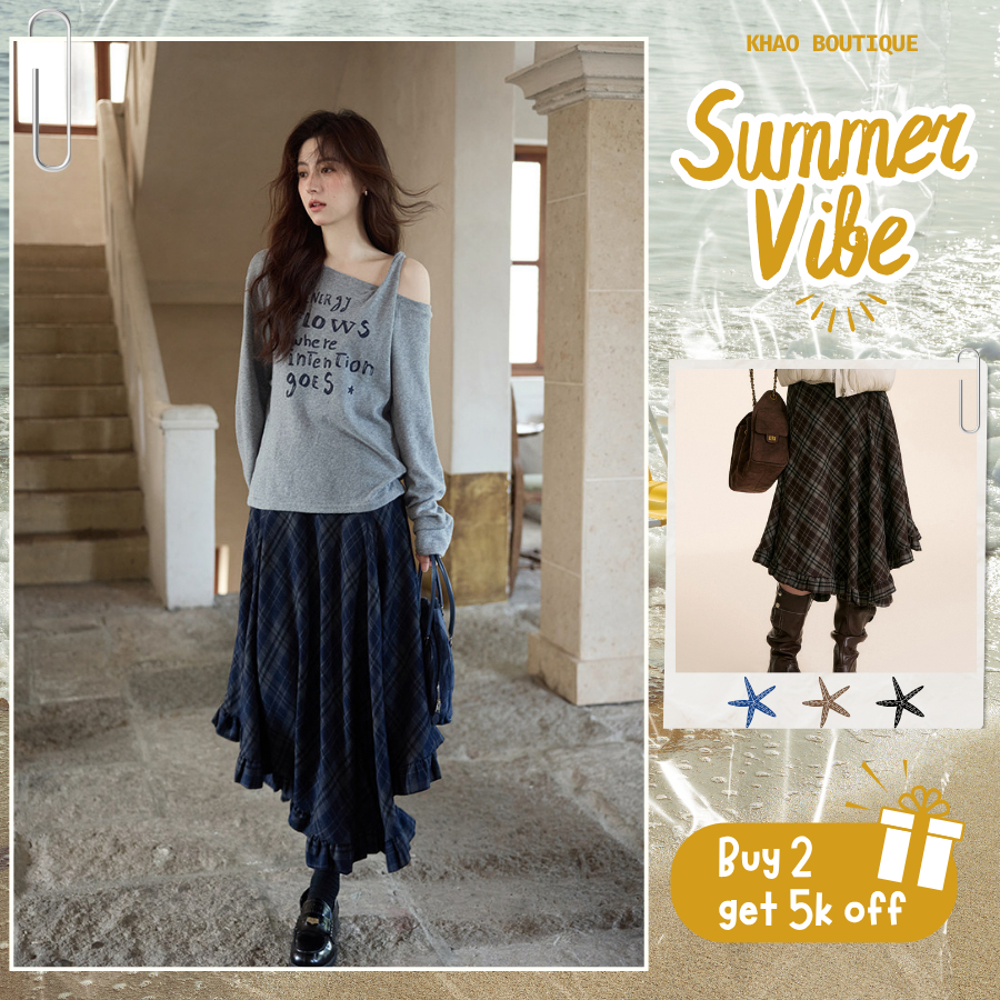 [KH40] Chân Váy Midi Caro Nữ Dáng Xòe Phối Tua Rua Phá Cách Lưng Cao Streetwear | KHAO BOUTIQUE