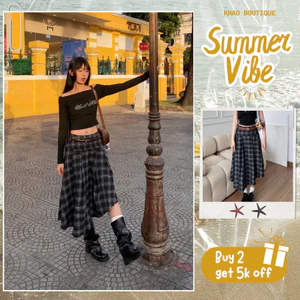 Chân váy caro dáng dài NIKI vạt chéo, chân váy cá tính phong cách streetwear | Khao Boutique