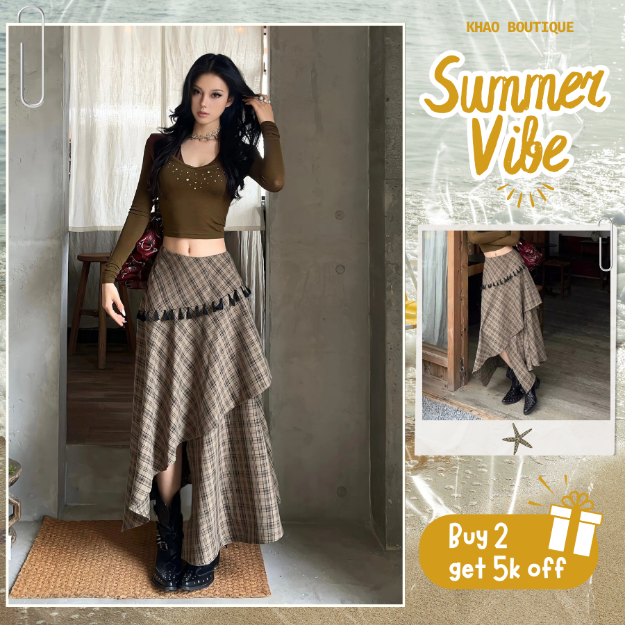[KH11] Chân váy caro dáng dài bất đối xứng phối tua rua vintage thời trang nữ | KHAO Boutique