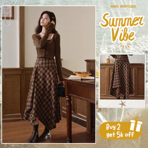 Chân váy dài caro nâu dáng bất đối xứng phối khoá cài vintage thanh lịch | KHAO Boutique