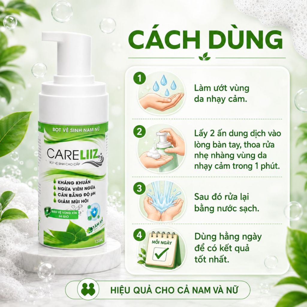 Bọt Kháng Khuẩn Nam Nữ CARELIIZ 120ml - Hỗ Trợ Xử Lý Sùi, Hạt Ngọc, Mụn Li Ti, Giảm Mùi, Mụn Vùng Kín