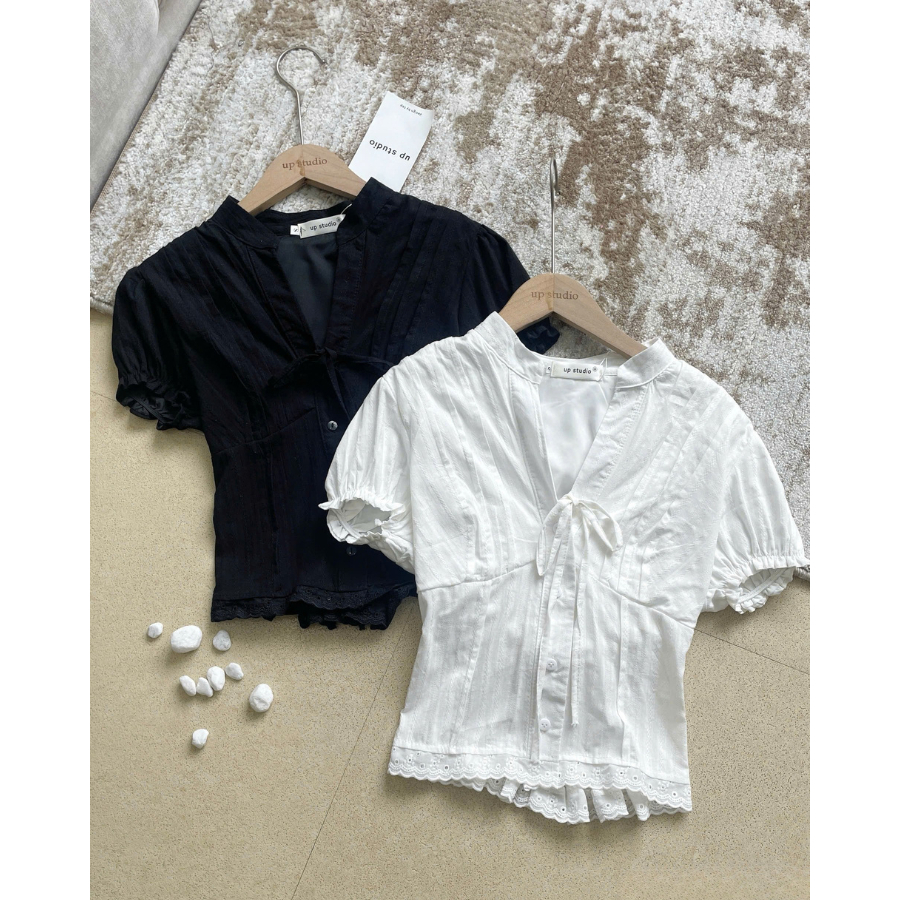 Áo Kiểu Nữ Dáng Croptop Chi Tiết Cổ Tàu Tay Bồng Cột Dây Nơ, Áo Kiểu Nữ Siêu Hot Hit Phù Hợp Đi Chơi Đi Du Lịch - KA832