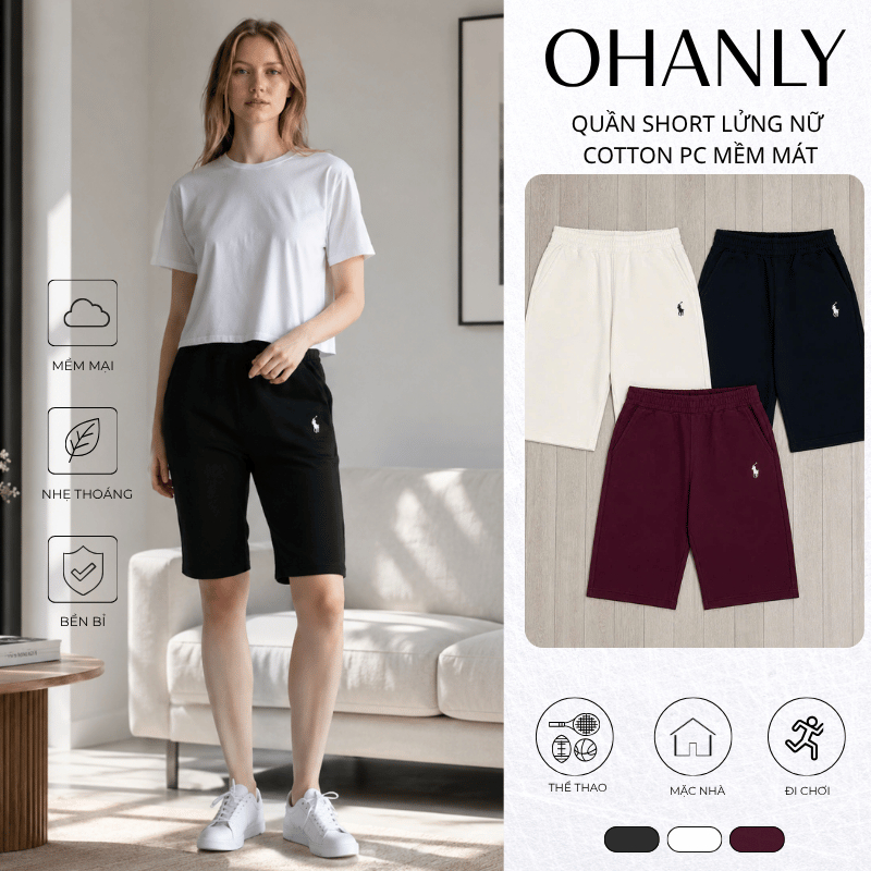 Quần Short Lửng Nữ Thêu Ngựa OHANLY – Quần Ngố Nữ Form Suông Basic Cotton PC Co Giãn Mặc Nhà Đi Chơi