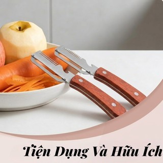 Dao Gọt Rau Củ Đa Năng 3in1 Inox Cán Gỗ – Nạo Vỏ Mỏng, Bào Sợi Nhanh, Gọt Trái Cây, Khui Nắp Chai