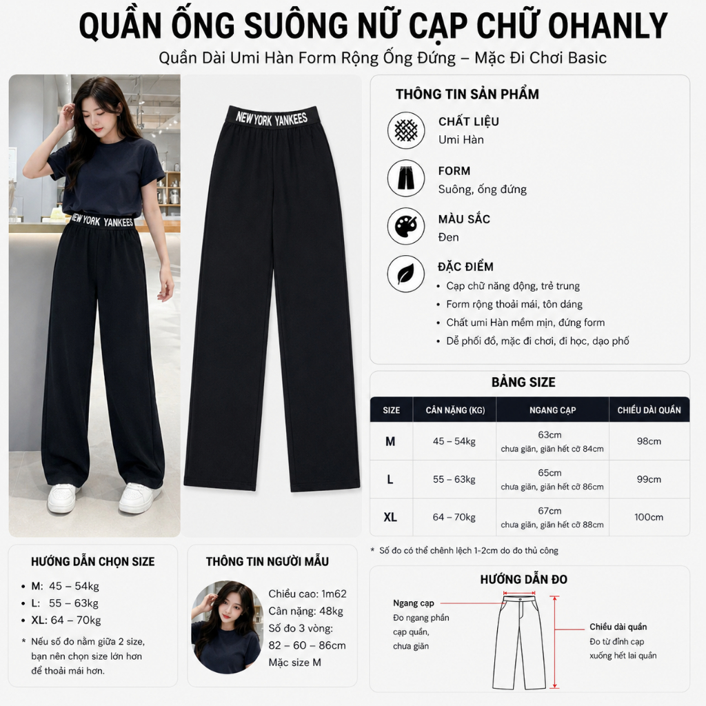Quần Ống Suông Nữ Cạp Chữ – Quần Dài Umi Hàn Form Rộng Ống Đứng OHANLY Mặc Đi Chơi Basic