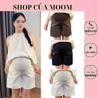 [Nhà Moom] Quần bầu ngố lửng ống rộng Kaki Mềm Thêu túi sườn, thời trang mùa hè cho Mẹ Bầu