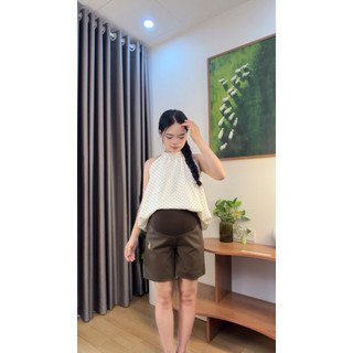 [Nhà Moom] Quần bầu ngố lửng ống rộng Kaki Mềm Thêu túi sườn, thời trang mùa hè cho Mẹ Bầu