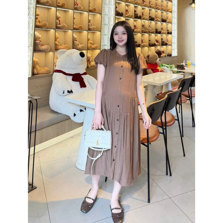 Váy bầu dáng suông chấm bi chất Linen mềm, váy bầu mùa hè, váy bầu dáng suông dài thiết kế Mami