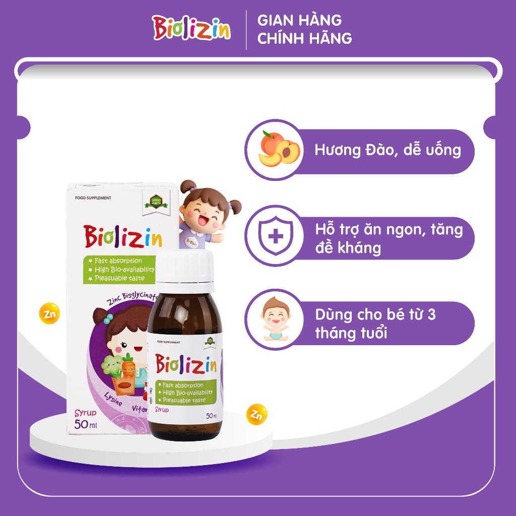 Kẽm Biolizin Cho Bé 50ml - Hỗ Trợ Bé Tăng Đề Kháng, Ăn Ngon, Bổ Sung Kẽm Lysine B6, Vị Đào Dễ Uống.