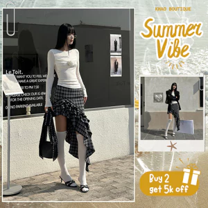 Chân váy midi xếp ly bất đối xứng kẻ caro VENUIE, ôm sát cơ thể tôn dáng | KHAO BOUTIQUE