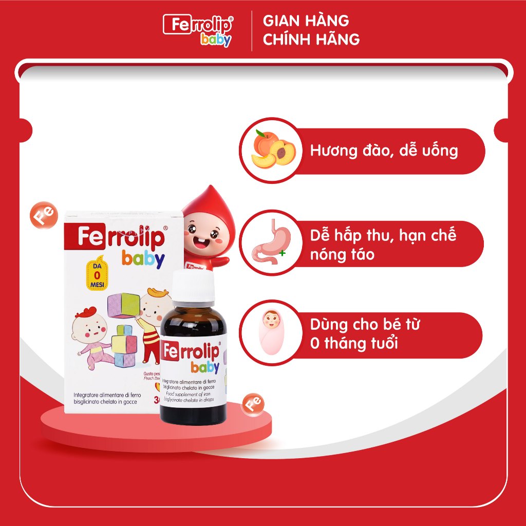 Sắt Ferrolip Baby Cho Trẻ Từ 0 Tháng Tuổi - Sắt Bisglycinate Dễ Hấp Thu, Không Tanh, Vị Đào Dễ Uống.